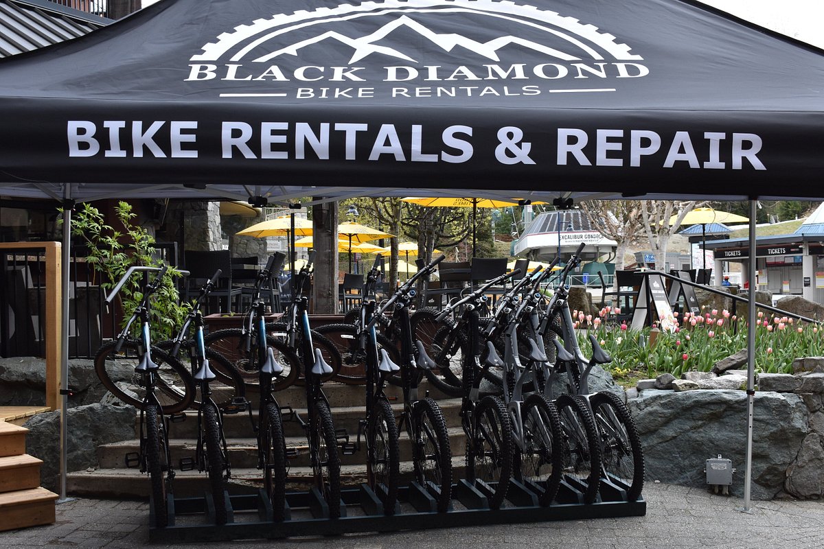 Rental bikes racked under the Black Diamond Bike Rentals tent beside the Sundial Hotel