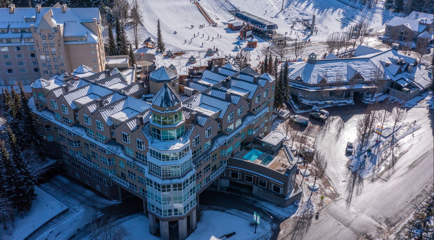 Aerial view of Le Chamois in the Upper Village at the base of Blackcomb Mountain