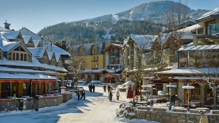 The Whistler Village Stroll in winter with shops and restaurants