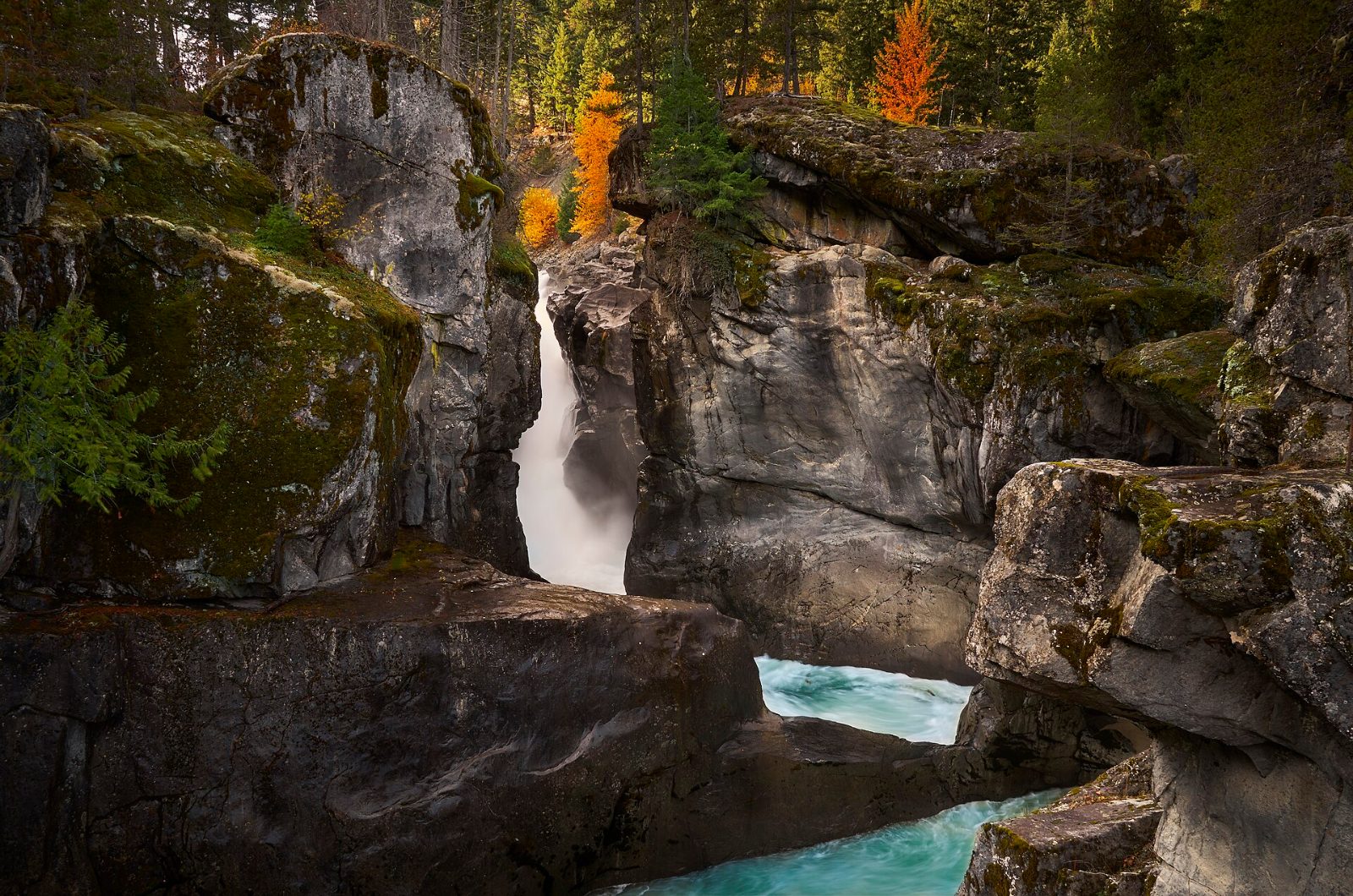 Nairn Falls roaring through a narrow rock canyon on the Green River between Whistler and Pemberton