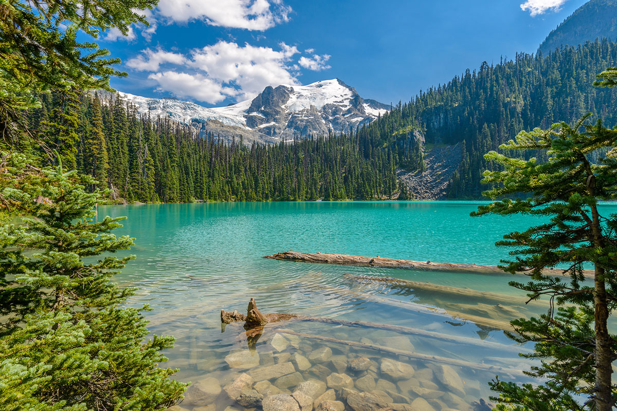The turquoise water of Joffre Lakes Provincial Park surrounded by jagged peaks