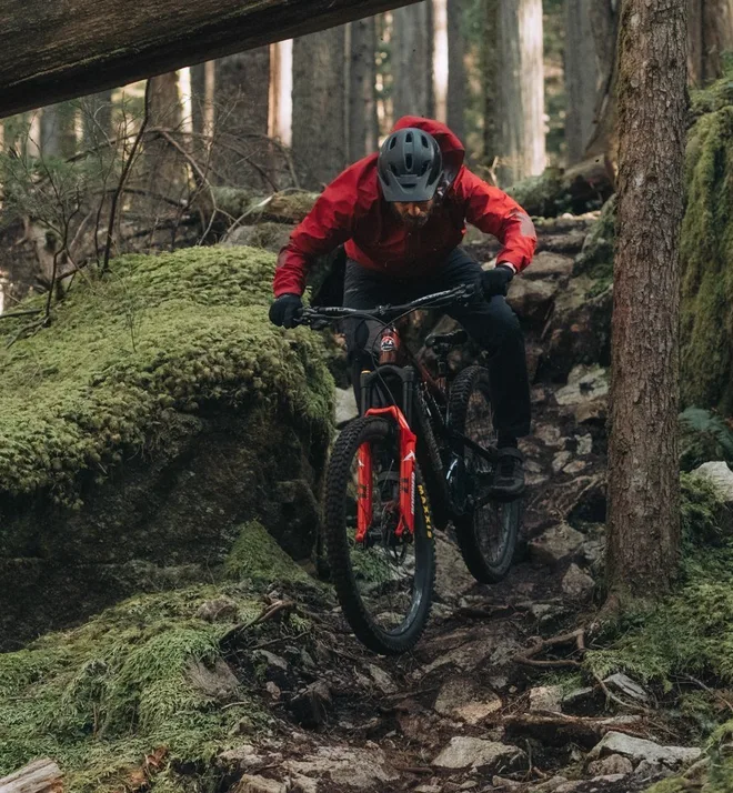 Mountain biking on a forest trail in Whistler